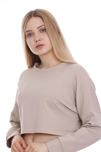 Uzun Kollu Crop Bej Rengi Sweatshirt