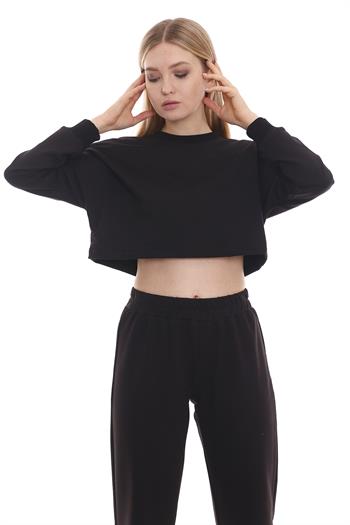Uzun Kollu Crop Siyah Sweatshirt