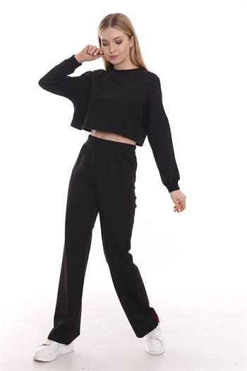 Uzun Kollu Crop Siyah Sweatshirt