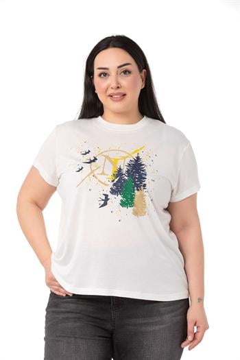Büyük Beden Ağaç Baskılı Bisiklet Yaka Beyaz T-shirt