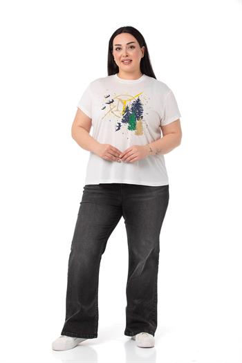 Büyük Beden Ağaç Baskılı Bisiklet Yaka Beyaz T-shirt