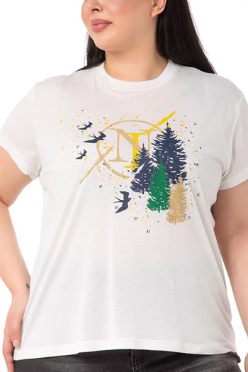 Büyük Beden Ağaç Baskılı Bisiklet Yaka Beyaz T-shirt