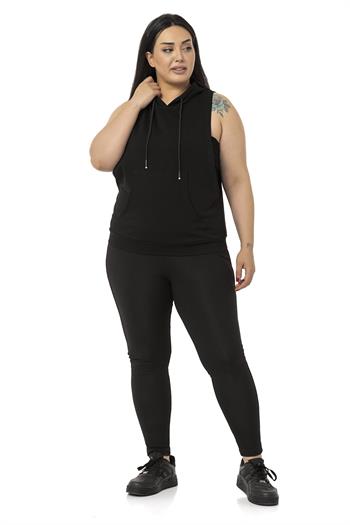 Büyük Beden Kanguru Cepli Kapüşonlu Geniş Kol Oyuntulu Siyah T-shirt