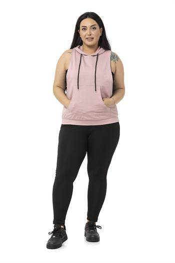 Büyük Beden Kanguru Cepli Kapüşonlu Geniş Kol Oyuntulu Pudra T-shirt