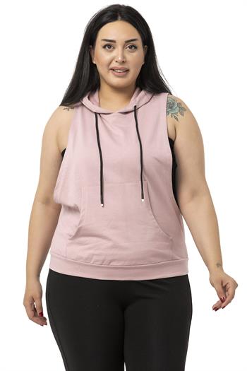 Büyük Beden Kanguru Cepli Kapüşonlu Geniş Kol Oyuntulu Pudra T-shirt