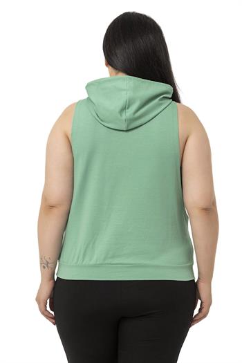 Büyük Beden Kanguru Cepli Kapüşonlu Geniş Kol Oyuntulu Mint Yeşili T-shirt