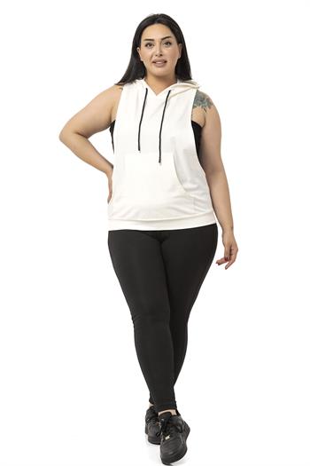 Büyük Beden Kanguru Cepli Kapüşonlu Geniş Kol Oyuntulu Beyaz T-shirt