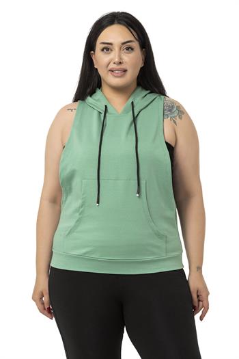 Büyük Beden Kanguru Cepli Kapüşonlu Geniş Kol Oyuntulu Mint Yeşili T-shirt