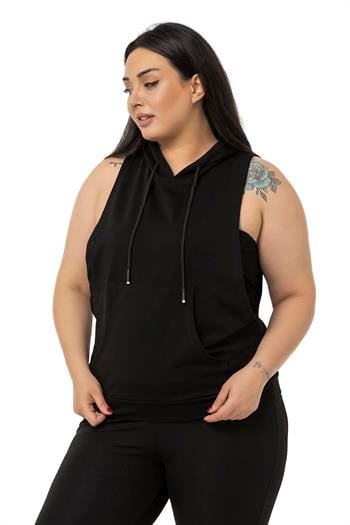 Büyük Beden Kanguru Cepli Kapüşonlu Geniş Kol Oyuntulu Siyah T-shirt