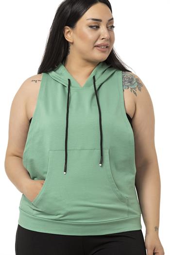 Büyük Beden Kanguru Cepli Kapüşonlu Geniş Kol Oyuntulu Mint Yeşili T-shirt