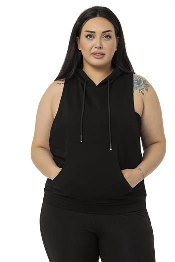 Büyük Beden Kanguru Cepli Kapüşonlu Geniş Kol Oyuntulu Siyah T-shirt