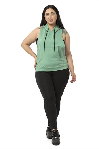 Büyük Beden Kanguru Cepli Kapüşonlu Geniş Kol Oyuntulu Mint Yeşili T-shirt