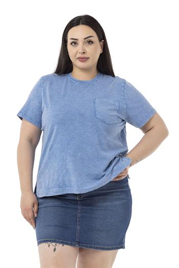 Plus Size Piece Dyed Crew Neck Curved Slit Blue T-shirt
