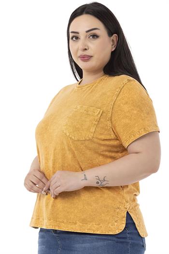 Plus Size Piece Dyed Crew Neck Curved Slit Mustard T-shirt