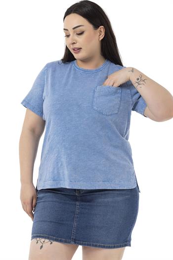 Plus Size Piece Dyed Crew Neck Curved Slit Blue T-shirt