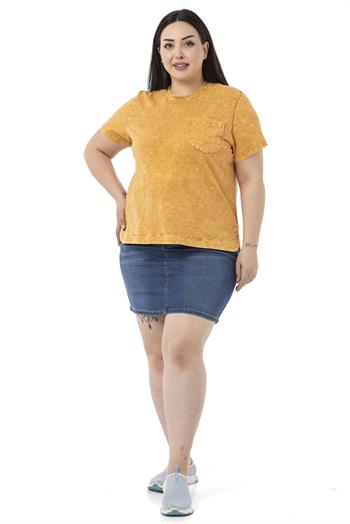 Plus Size Piece Dyed Crew Neck Curved Slit Mustard T-shirt