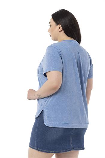 Plus Size Piece Dyed Crew Neck Curved Slit Blue T-shirt