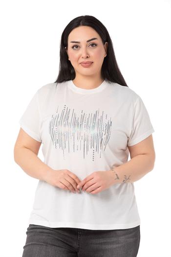 Plus Size Bright Printed Crew Neck White T-shirt