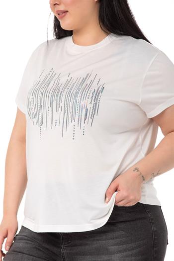 Plus Size Bright Printed Crew Neck White T-shirt