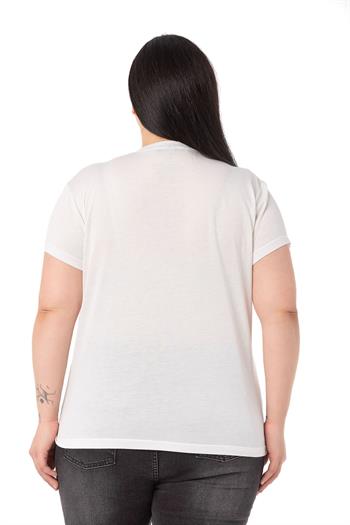 Büyük Beden Pusula Baskılı Bisiklet Yaka Beyaz T-shirt