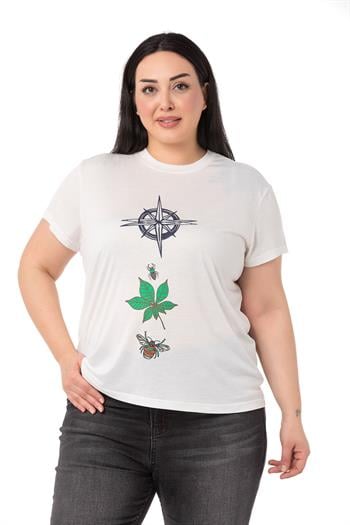 Büyük Beden Pusula Baskılı Bisiklet Yaka Beyaz T-shirt