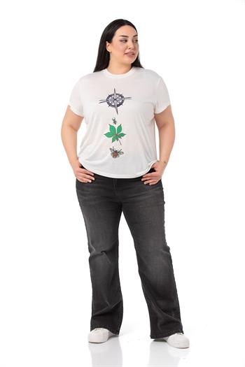 Büyük Beden Pusula Baskılı Bisiklet Yaka Beyaz T-shirt