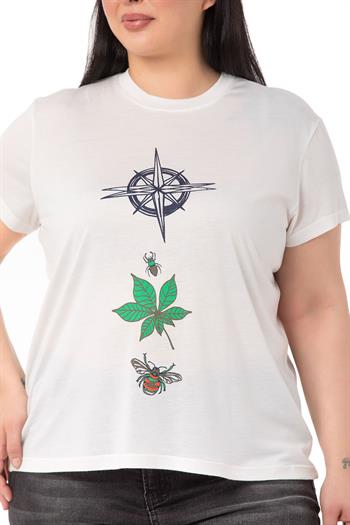 Büyük Beden Pusula Baskılı Bisiklet Yaka Beyaz T-shirt