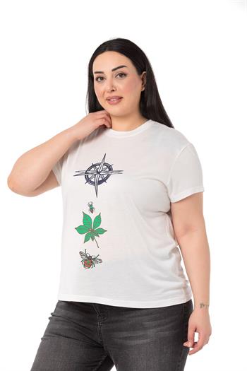 Büyük Beden Pusula Baskılı Bisiklet Yaka Beyaz T-shirt