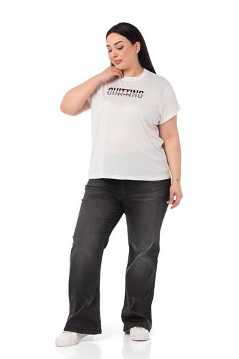 Plus Size Text Printed Crew Neck White T-shirt