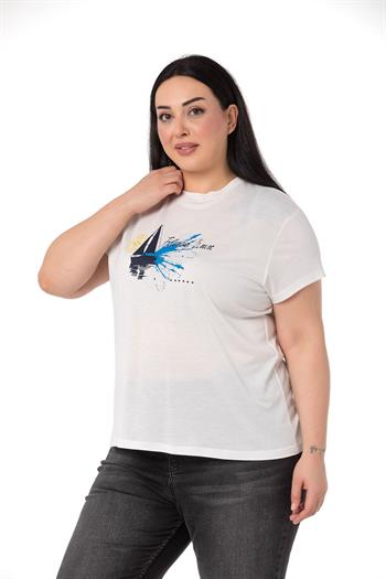 Büyük Beden Yelken Baskılı Bisiklet Yaka Beyaz T-shirt