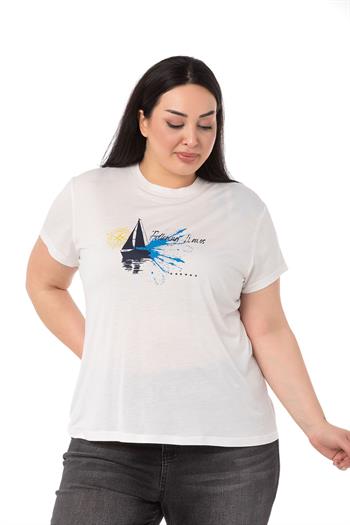 Büyük Beden Yelken Baskılı Bisiklet Yaka Beyaz T-shirt