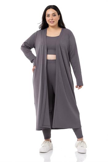 Büyük Beden Fitilli Crop Body Tayt Hırka Üçlü Koyu Gri Takım
