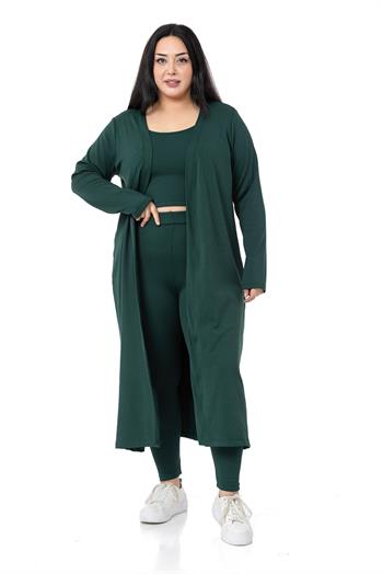 Büyük Beden Fitilli Crop Body Tayt Hırka Üçlü Zümrüt Takım