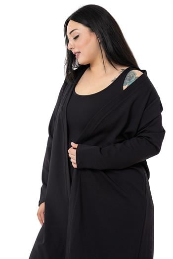 Büyük Beden Fitilli Crop Body Tayt Hırka Üçlü Siyah Takım