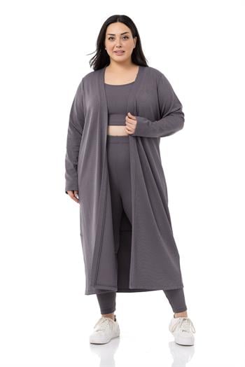 Büyük Beden Fitilli Crop Body Tayt Hırka Üçlü Koyu Gri Takım