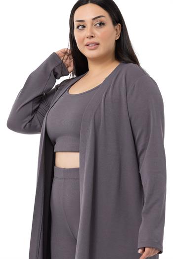 Büyük Beden Fitilli Crop Body Tayt Hırka Üçlü Koyu Gri Takım