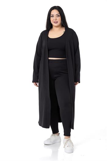 Büyük Beden Fitilli Crop Body Tayt Hırka Üçlü Siyah Takım