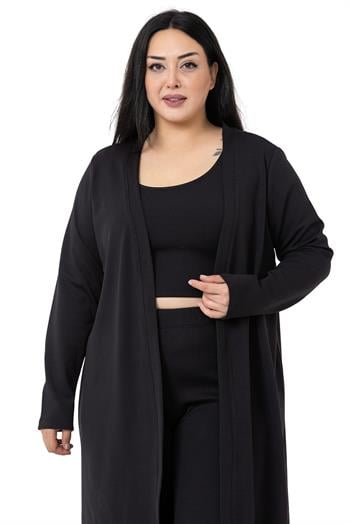 Büyük Beden Fitilli Crop Body Tayt Hırka Üçlü Siyah Takım