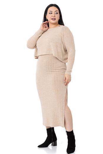 Büyük Beden Triko Elbise Bluz Bej Rengi İkili Takım 