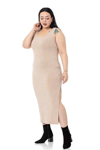 Büyük Beden Triko Elbise Bluz Bej Rengi İkili Takım 