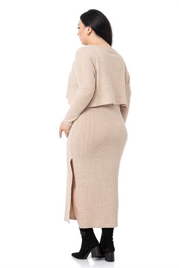 Büyük Beden Triko Elbise Bluz Bej Rengi İkili Takım 