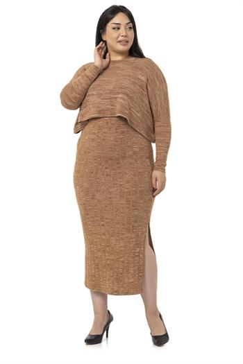 Büyük Beden Triko Elbise Bluz Kahverengi İkili Takım 
