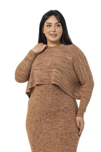 Büyük Beden Triko Elbise Bluz Kahverengi İkili Takım 