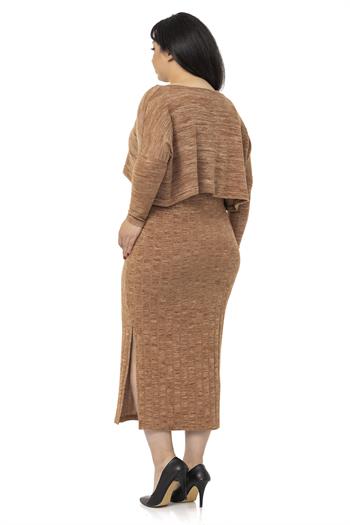 Büyük Beden Triko Elbise Bluz Kahverengi İkili Takım 