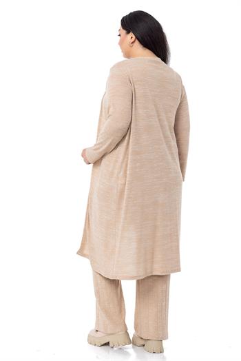 Büyük Beden Tulum Hırka Triko Bej Rengi İkili Takım