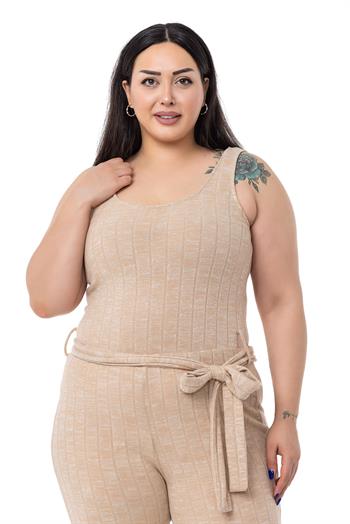 Büyük Beden Tulum Hırka Triko Bej Rengi İkili Takım