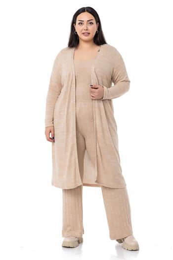 Büyük Beden Tulum Hırka Triko Bej Rengi İkili Takım