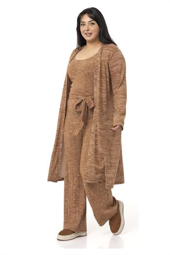 Büyük Beden Tulum Hırka Triko Kahverengi İkili Takım