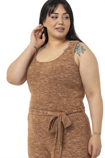 Büyük Beden Tulum Hırka Triko Kahverengi İkili Takım