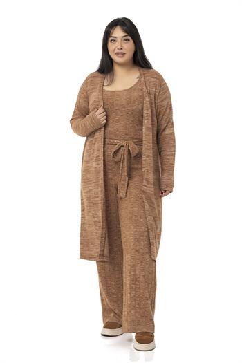 Büyük Beden Tulum Hırka Triko Kahverengi İkili Takım